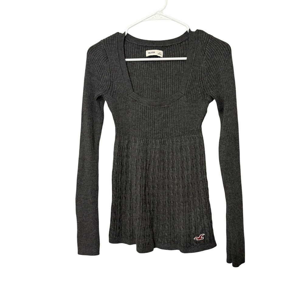 Y2K Hollister Grey Ribbed Cable Knit Babydoll Long Sleeve Sweater Top XS